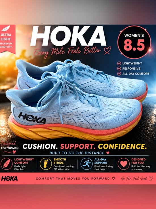 Hoka Shoes - Hoka Women's Sky Blue Running Shoes with Coral and Yellow Accents